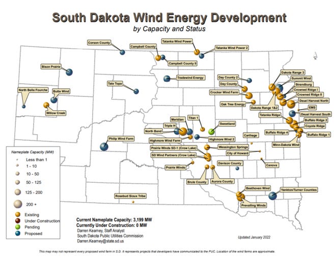 A map of South Dakota shows wind energy development by capacity and status across the state as of January 2022.
