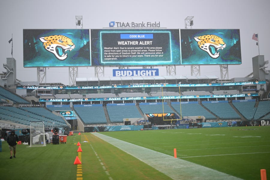 A weather delay prevents the game with the Baltimore Ravens and the Jacksonville Jaguars to begin before an NFL football game, Sunday, Nov. 27, 2022, in Jacksonville, Fla.