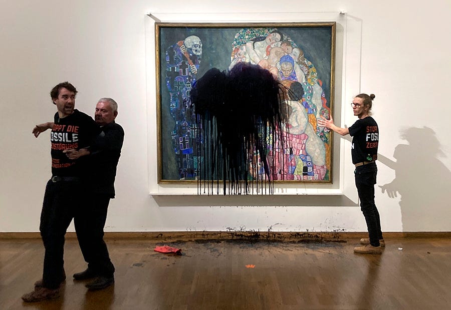 Members of Letzte Generation Austria splashed "Death and Life," a Gustav Klimt painting, with oil in the Leopold museum in Vienna on Nov. 15. The painting, behind a glass cover, was unharmed.