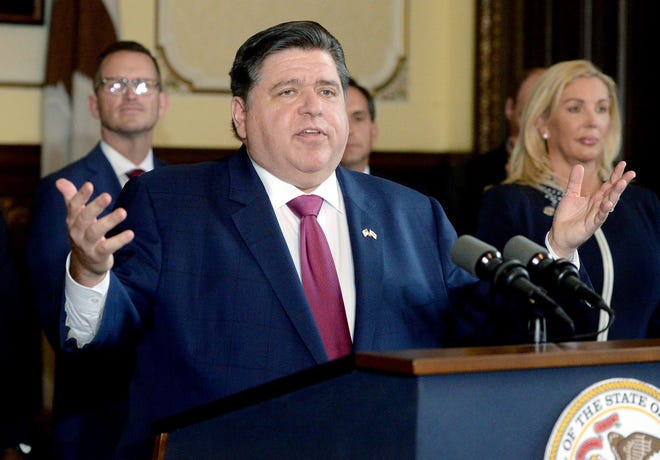 Illinois Gov. JB Pritzker speaks during a press conference at the State Capitol Tuesday Nov. 29, 2022.