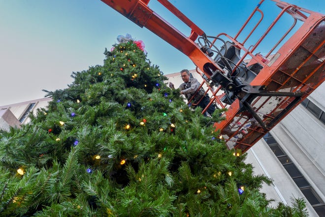 Nov 28, 2022; Tuscaloosa, Alabama, USA;  Steve Phelps checks bulbs as he helps install the giant Christmas Tree in front of the Tuscaloosa County Courthouse Monday morning.