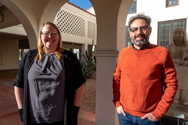 Heard Museums Lucia Leigh Laughlin, youth and family engagement manager, left, and Jeff Goodman, director of learning and public engagement, right, pose for a portrait at the Heard Museum in Phoenix on Nov. 29, 2022.