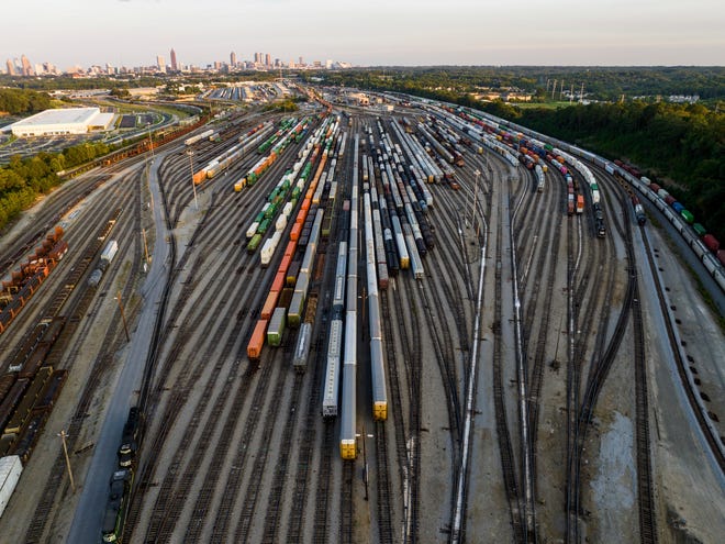 Freight train cars sit in a Norfolk Southern rail yard on Sept. 14, 2022, in Atlanta. Business groups are increasing the pressure on lawmakers to intervene and block a railroad strike before next month's deadline in the stalled contract talks. A coalition of more than 400 business groups sent a letter to Congressional leaders Monday, Nov. 28, 2022 urging them to step in because of fears about the devastating potential impact of a strike that could force many businesses to shut down.