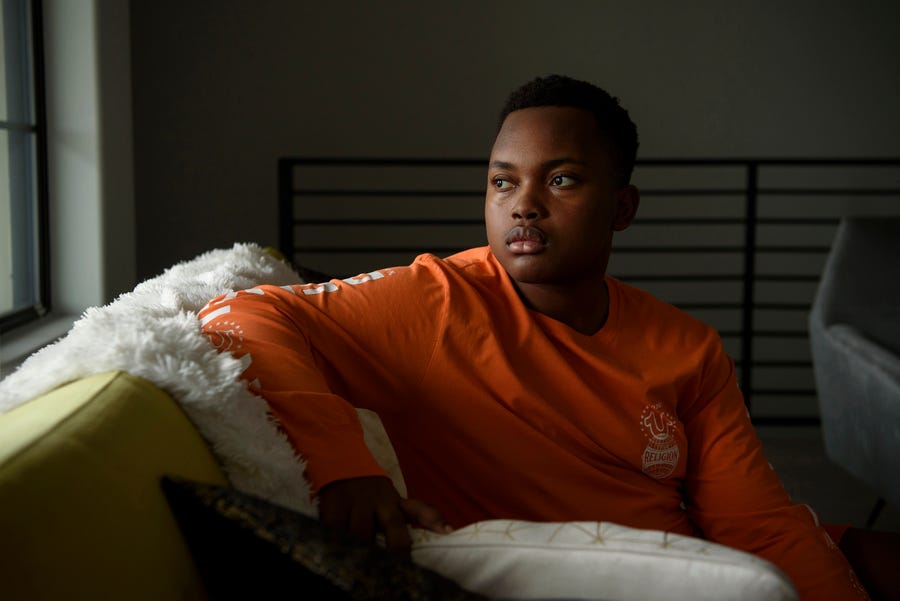 Nov 22, 2022; Myles Newsome, a 16-year-old with sickle cell disease, poses for a portrait at his home in Houston, Texas, United States;  