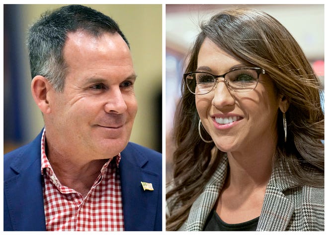 This combo image shows Democratic candidate for Colorado's 3rd Congressional District Adam Frisch, left, and U.S. Rep Lauren Boebert, R-Colo., right.