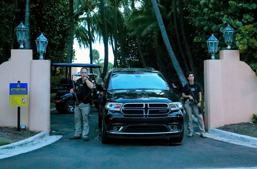 August 9, 2022: Secret service agents stand at the gate of Mar-a-Lago after the FBI issued warrants in Palm Beach, Fla.