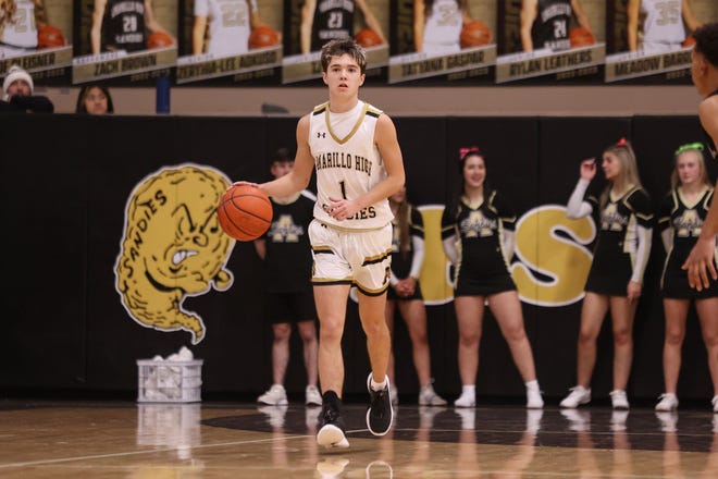 Amarillo High’s Jaxon Williams (1) brings the ball up the court in a non district game against Randall, Tuesday, November 29, at Amarillo High School Gym, in Amarillo. Amarillo High won 65-44.