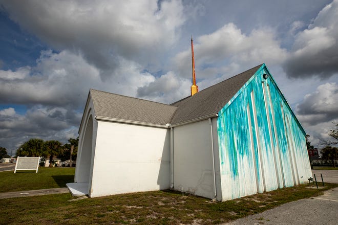 Stewart Simm, former owner of the Federal Bar, plans to open a new event-based business at the former church (white building, paint splashed on the one side) at 417 N. Massachusetts Ave. In Lakeland Fl  Wednesday November 30,2022.Ernst Peters/The Ledger