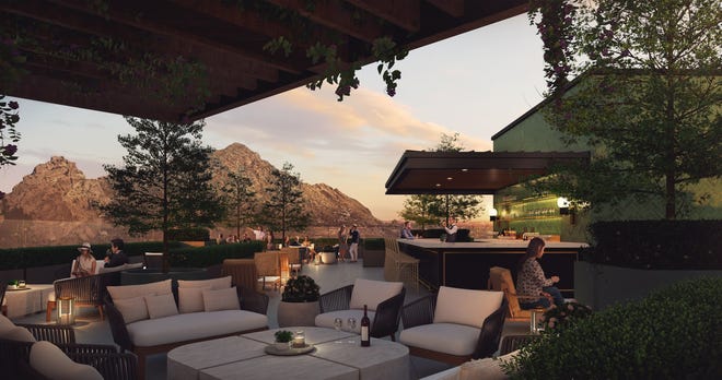 Artist rendering shows Sam Fox's new Mediterranean concept, theà, coming to his upcoming luxury hotel The Global Ambassador in late 2023.