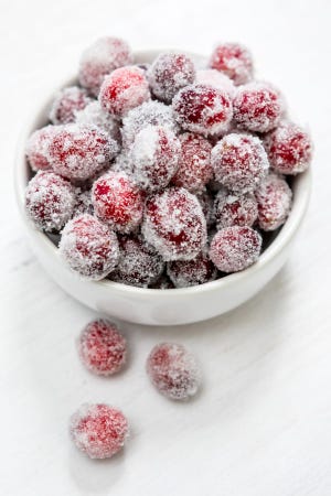 These sugar-coated cranberries make a pretty red garnish in your favorite desserts, baked goods, and cocktails.  Put them in cheesecake, coffee cake, holiday fruitcake, and fruit pies or pies.