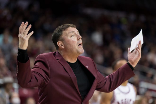NMSU head basketball coach Greg Heiar reacts at a game against UTEP on Wednesday, Nov. 30, 2022, at the Pan American Center in Las Cruces, New Mexico.