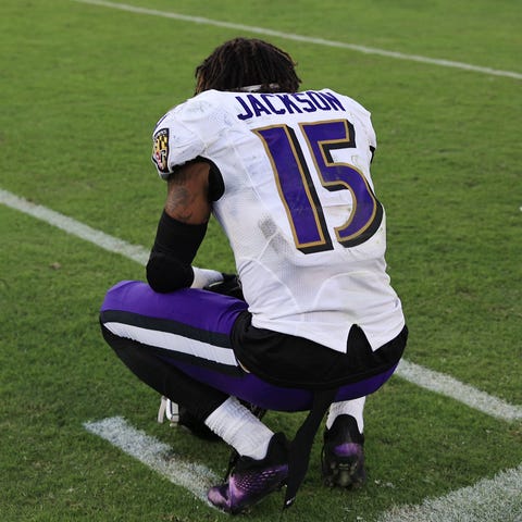 Baltimore Ravens wide receiver DeSean Jackson reac