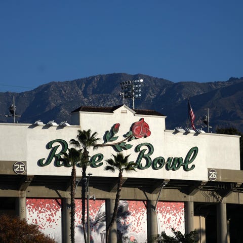 A view of the Rose Bowl Stadium facade during the 