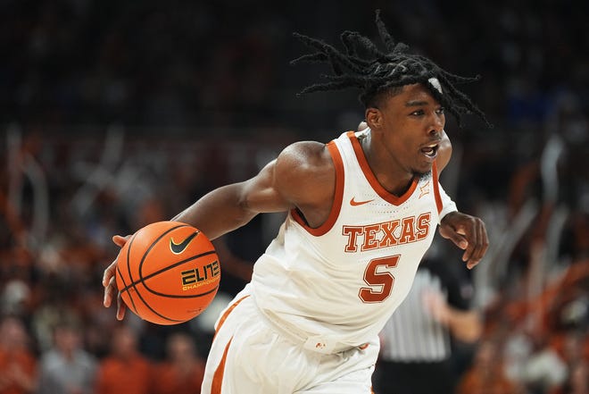 Texas guard Marcus Carr dribbles upcourt during the Longhorns' win over Crieghton last week. Carr has been solid against ranked teams: In two games against Gonzaga and Creighton, he's had 12 assists and just one turnover.