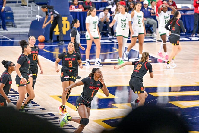 Dec 1, 2022; South Bend, Indiana, USA; Maryland Terrapins guard Diamond Miller (1) reacts after making the game winning shot against the Notre Dame Fighting Irish at the Purcell Pavilion. Mandatory Credit: Matt Cashore-USA TODAY Sports