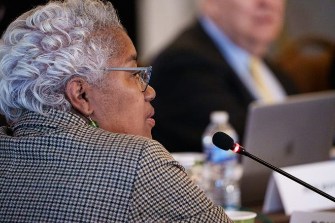 Donna Brazile, a member from Washington D.C. of the Democratic National Committee rules and bylaws committee, speaks during a meeting regarding the order of the presidential nominating calendar.