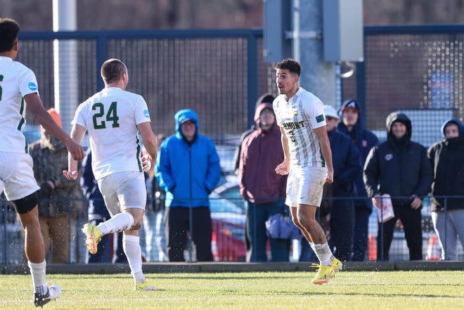 Daniel Pacella (2) celebrates his first-half goal during the Catamounts' 2-1 loss to host Syracuse in the NCAA Tournament quarterfinals on Saturday, Dec.  3, 2022.