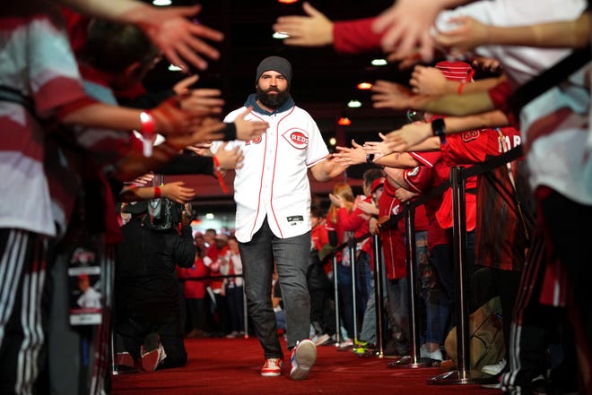 Joey Votto is introduced during Redsfest on Dec. 2, 2022 at Duke Energy Convention Center in Cincinnati.