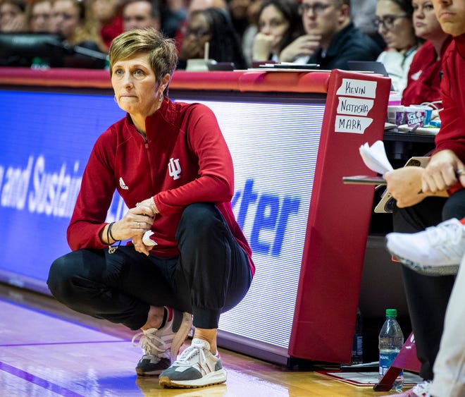 Indiana Head Coach Teri Moren watches her team on offense during the second half of the Indiana versus Illinois women's basketball game at Simon Skjodt Assembly Hall on Sunday, Dec. 4, 2022.