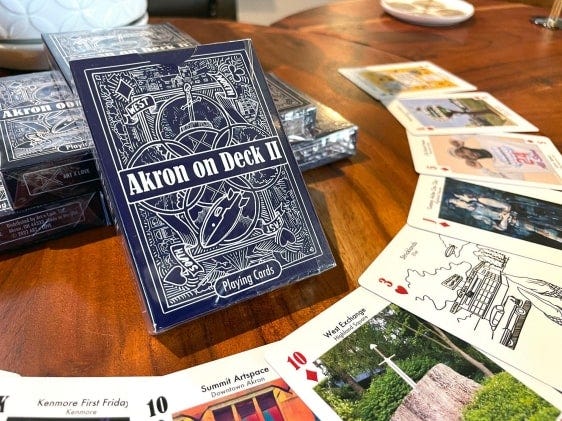 Akron on Deck II taking part in playing cards characteristic artwork of native landmarks