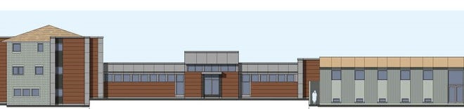 An architectural rendering of the proposed connecting building at the SOBA facility on Duke Street in New Brunswick.