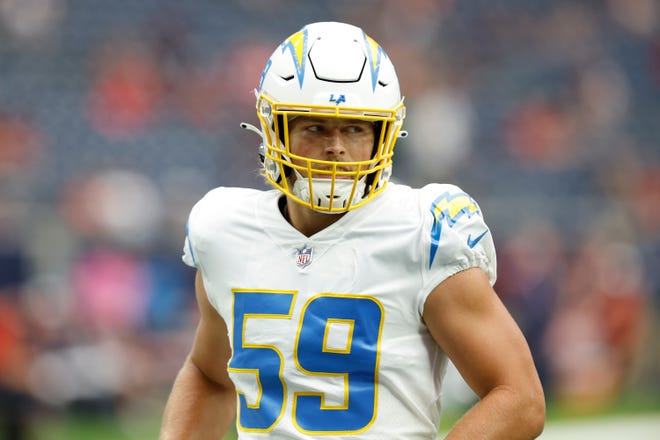 Los Angeles Chargers linebacker and Warner High School product Derrek Tuszka (59) during pregame warmups before an NFL football game against the Houston Texans on Sunday, October 2, 2022, in Houston.