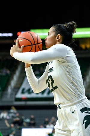 Michigan State's Moira Joiner makes a 3-pointer against Purdue during the first quarter on Monday, Dec. 5, 2022, at the Breslin Center in East Lansing.