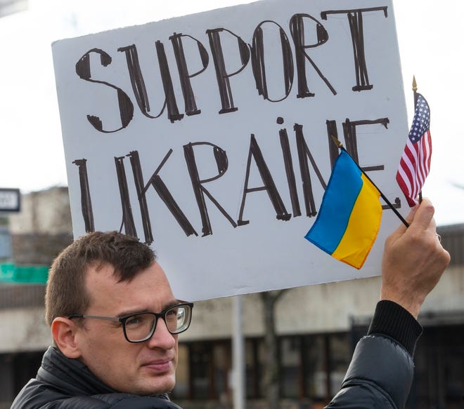 Andrew Schular from Ukraine joins a Eugene protest of the war in December 2022. Schular at the time told fellow protesters that his parents had been living in a bomb shelter since the war began and he thanked the U.S. for support for his country.