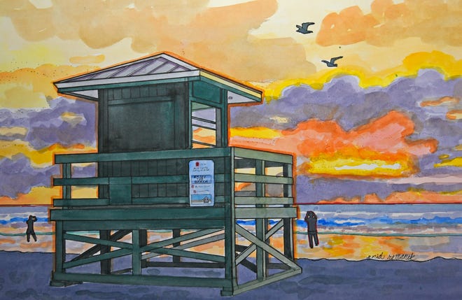 Enid Romanek's pen-and-ink and watercolor of Siesta Key Beach at sunset.