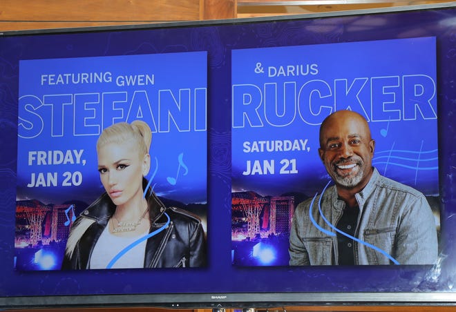 An image of Gwen Stefani and Darius Rucker is shown during the American Express golf tournament press conference at PGA West in La Quinta, Calif., Dec. 7, 2022. 