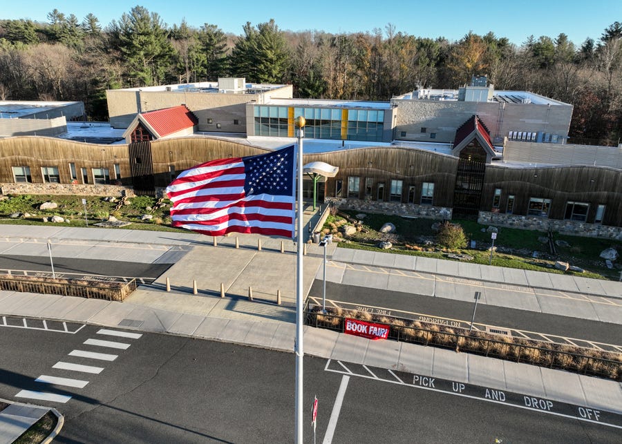 As seen from an aerial view, Sandy Hook Elementary stands almost ten years after the Dec. 14, 2012 massacre on November 20, 2022 in Newtown, Connecticut. The new school was opened in 2016, four years after the tragedy.