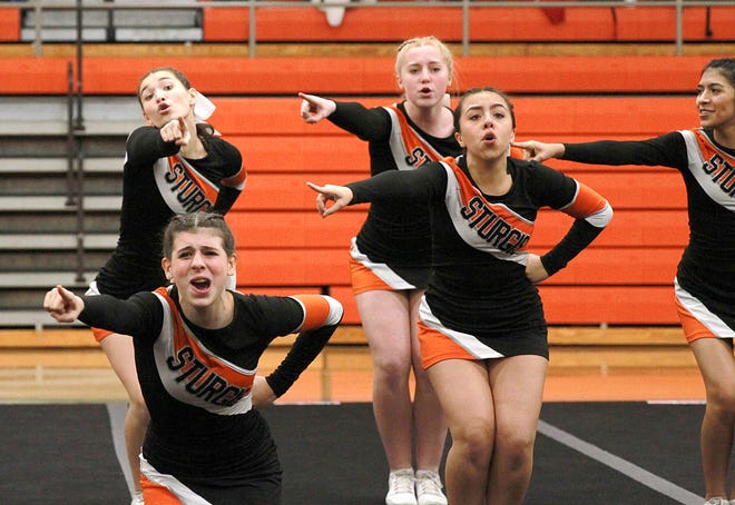 The Sturgis competitive cheer team finished third in the first Wolverine Conference jamboree of the season on Wednesday.