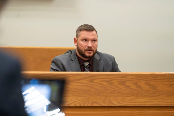 Battle Creek Police Det. Brandin Huggett testifies during a preliminary hearing regarding the death of Kai Turner at Calhoun County District Court on Thursday, Dec. 8, 2022.