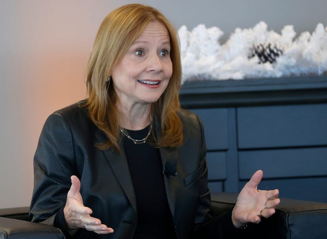 General Motors CEO Mary Barra speaks with members of the Automotive Press Association during a luncheon and question-and-answer session at the Waterview Loft in Port Detroit on December 8, 2022 in Detroit.