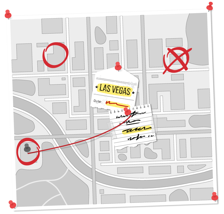 Illustration of a map, travel stub to Las Vegas and investigative notes.