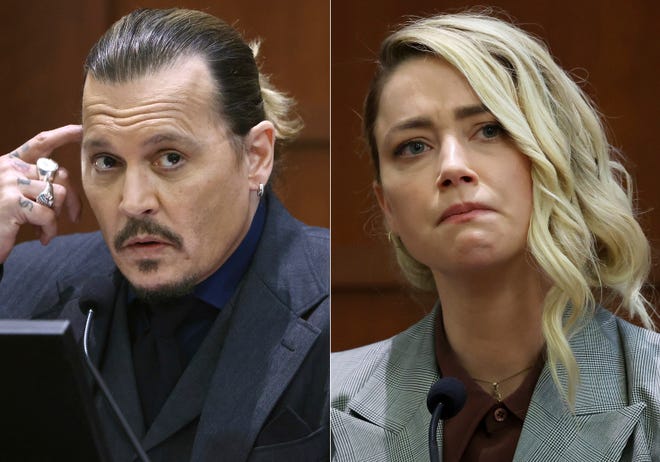This combination of photos shows actor Johnny Depp testifying at the Fairfax County Circuit Court in Fairfax, Va., on April 21, 2022, left, and actor Amber Heard testifying in the same courtroom on May 26, 2022.