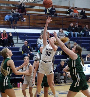 Sault sophomore guard Danica Bergeron drives to the basket during the fourth quarter of the Sault's win over Alpena on Thursday night.