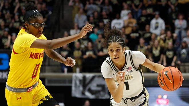 Purdue Boilermakers guard Lasha Petree (11) drives to the basket during the NCAA Big Ten Conference women’s basketball game against the Maryland Terrapins, Thursday, Dec. 8, 2022, at Mackey Arena in West Lafayette, Ind. Maryland won 77-74.
