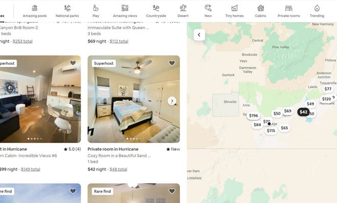 Rooms are advertised for rent in Washington County in this screenshot from Airbnb.com.