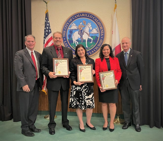 David Tennessen, Susan Santangelo and Martha Martinez-Bravo were sworn onto the Camarillo City Council Wednesday. From left to right: Councilman Tony Trembley, Tennessen, Santangelo, Martinez-Bravo and Councilman Kevin Kildee.