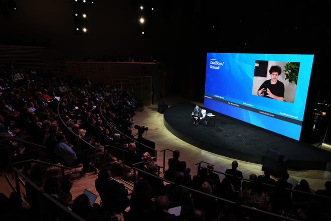 Andrew Ross Sorkin speaks with FTX founder Sam Bankman-Fried during the New York Times DealBook Summit in the Appel Room at the Jazz At Lincoln Center on November 30, 2022 in New York City.