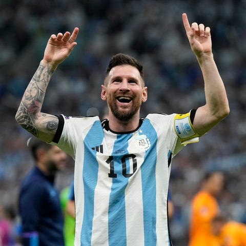 Argentina's Lionel Messi celebrates at the end of 