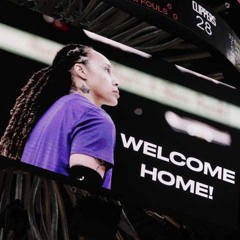 A welcome home graphic for Brittney Griner is disp