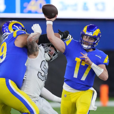 Los Angeles Rams quarterback Baker Mayfield throws