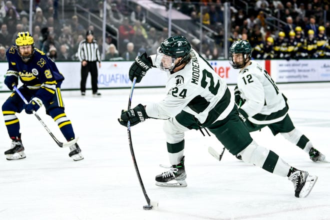 Michigan State senior forward Erik Middendorf takes a shot during the Spartans' first series against Michigan in December.