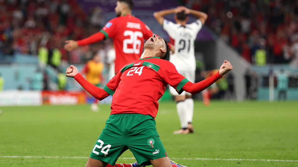 Badr Benoun of Morocco celebrates after the team's victory over Portugal put the Atlas Lions in the semifinals.