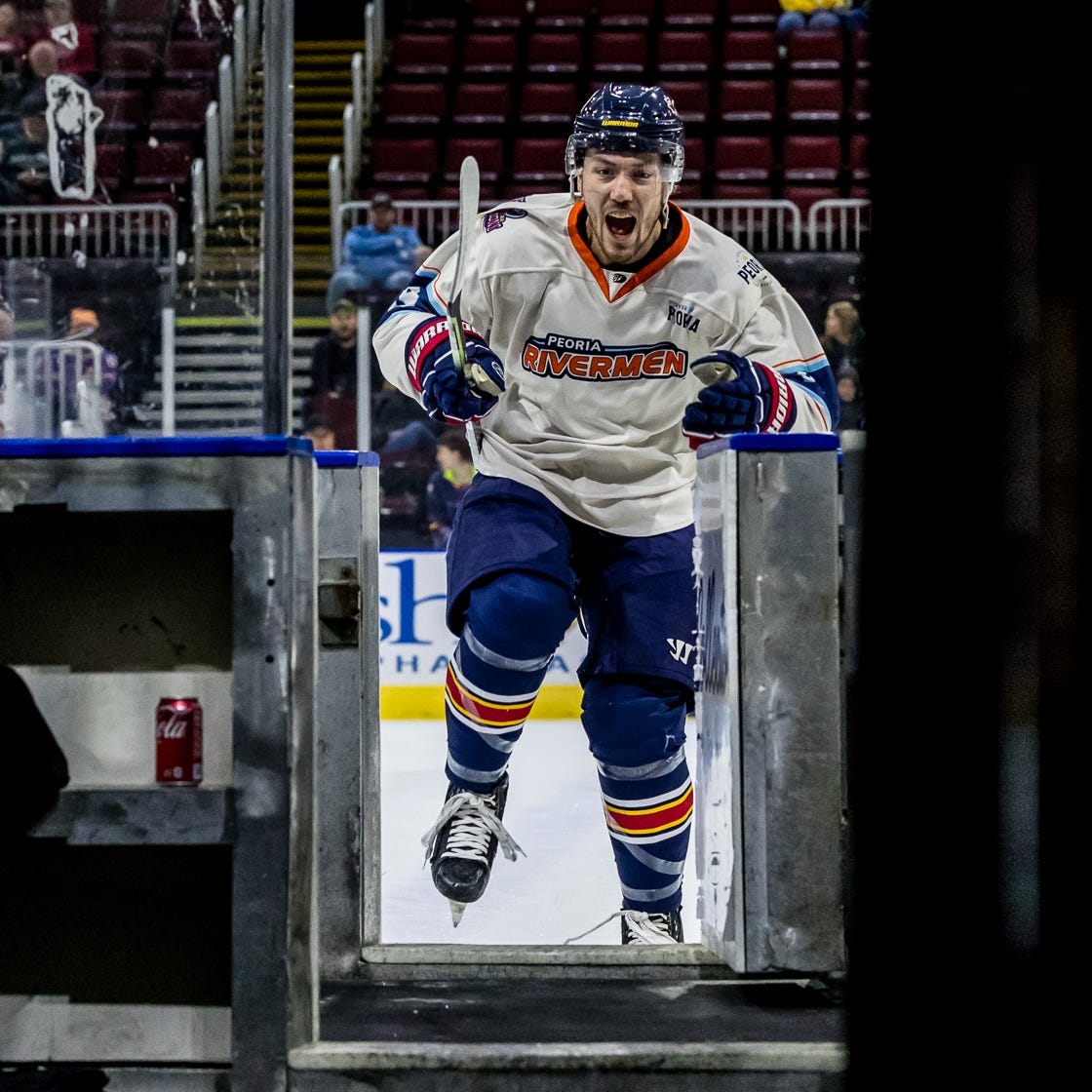 Rivermen defenseman Zach Wilkie lets out a war whoop and charges full speed off the ice and down the tunnel before a game against Huntsville at Carver Arena on Saturday, Dec. 10, 2022.