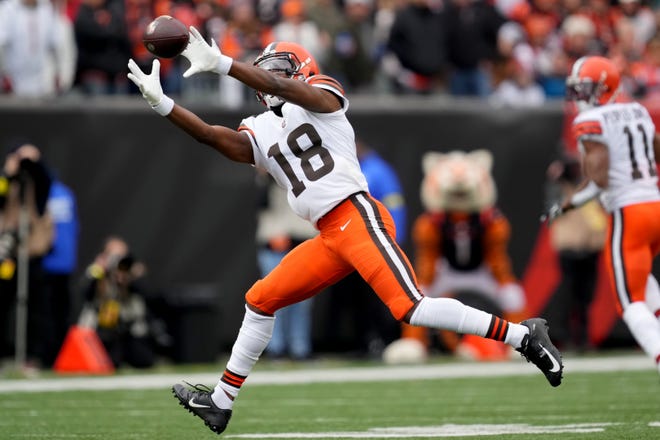 Cleveland Browns wide receiver David Bell (18) catches a pass in the first quarter during a Week 14 NFL game against the Cincinnati Bengals, Sunday, Dec. 11, 2022, at Paycor Stadium in Cincinnati. Mandatory Credit: Kareem Elgazzar-The Cincinnati Enquirer-USA TODAY Sports