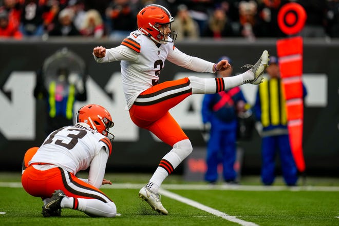 Cleveland Browns place kicker Cade York (3) kicks a field goal in the second quarter of the NFL Week 14 game between the Cincinnati Bengals and the Cleveland Browns at Paycor Stadium in Cincinnati on Sunday, Dec. 11, 2022. The Bengals led 13-3 at halftime.