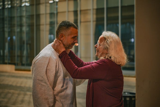 Alan J. Butts sees his mother Denise Horn after his release from the Franklin County jail Thursday night after serving nearly 20 years in prison. A Franklin County judge has granted him bond and a new trial in the "'shaken baby" death of his girlfriend's 2-year-old son in 2002.